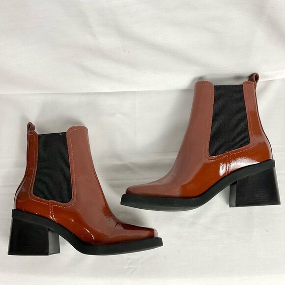 Gianni Bini Brown Booties Banks Crinkle Patent Square Toe Sz 7.5 NEW Double Gore - Picture 8 of 9